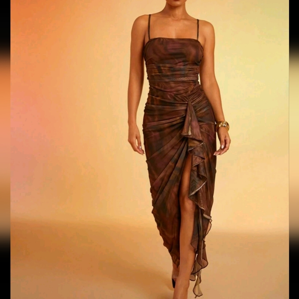 Abstract Printed Mesh Ruffle Detail Maxi Cami Dress - Picture 1 of 4